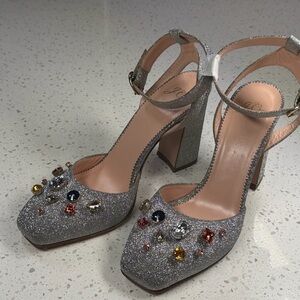 J. Crew Silver Glitter Heels with Colorful Embellishments